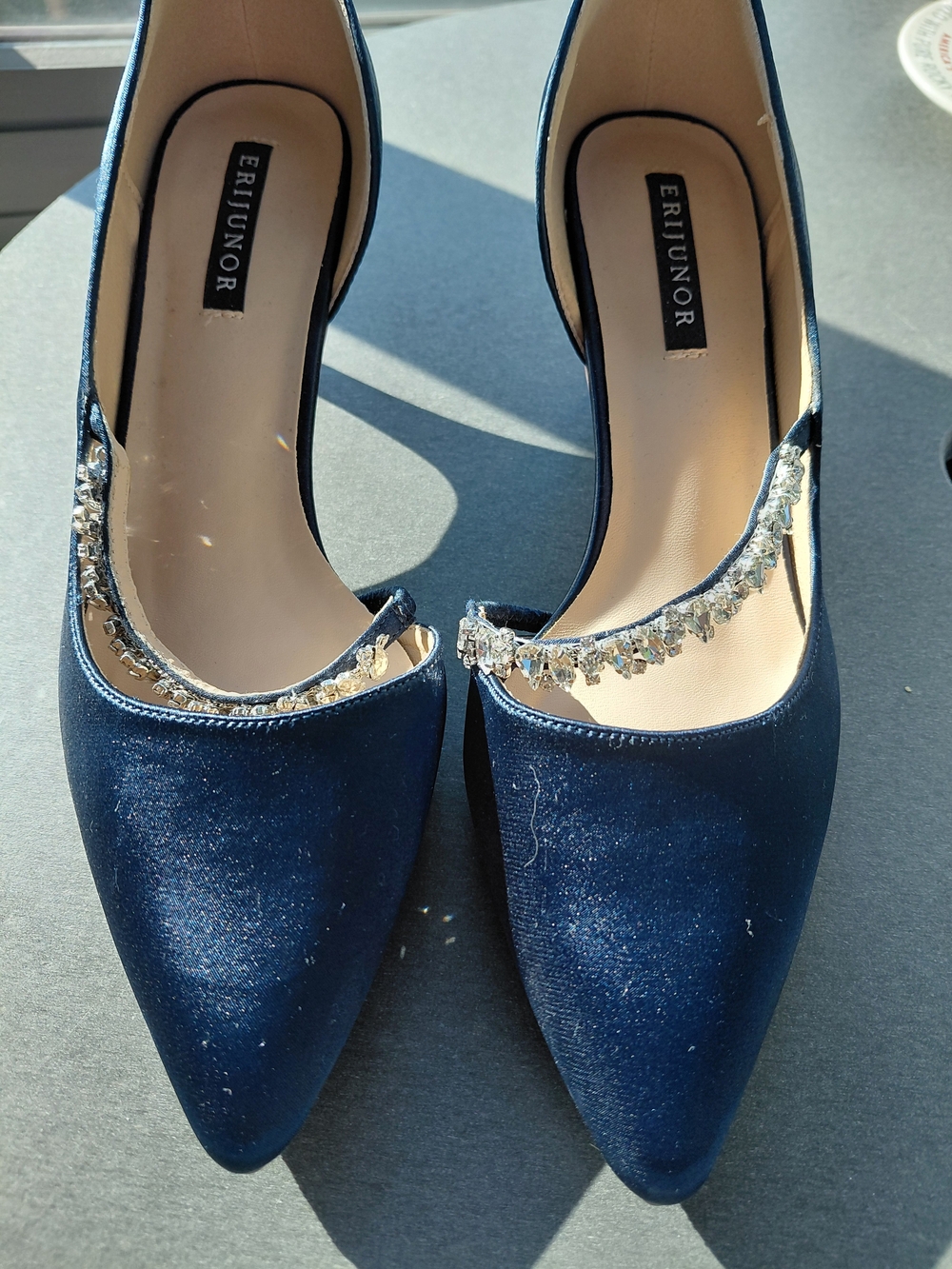 EriJunor Navy Pointed Toe Heels with Crystal Trim
